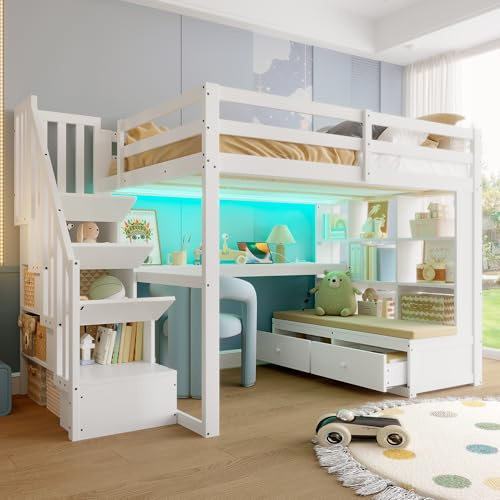 Dolamaní Hochbett 140x200 cm Kinderbett mit Schreibtisch und Stauraum Sicherheits-Treppe, LED & Sofa-Sitzbereich Kreatives Design, Kinderbett Holzbett mit Rausfallschutz, ohne Matratze (weiß)