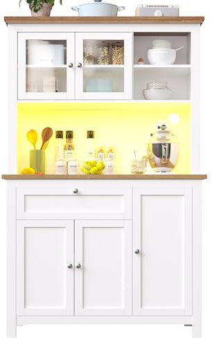 Lunanniu Küchenschrank(104×40×180cm), Hochschrank Küchenbuffet Vitrinenschrank Buffetschrank mit Verstellbaren Ablagen, Weinregal, Sideboard mit LED-Beleuchtung,Variable Lichtfarben, Weiß