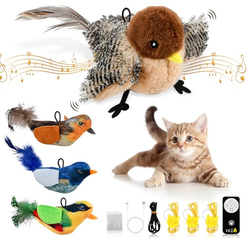 4 St Interaktives Katzenspielzeug Fliegender Vogel, Aufladbares Vogel Spielzeug Katze mit 3 Klein Vogel-Katzenspielzeug, 3 Modi Elektrisches Vogelspielzeug mit Fernbedienung, Flapping Bird Cat Toy