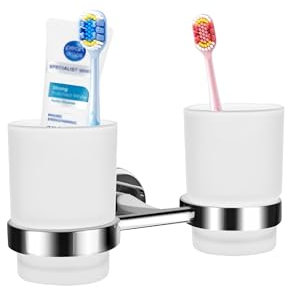 Wall Mounted Double Toothbrush Holder with 2 Frosted Glass Tumblers Toothpaste Holder for Lavatory, Bathroom