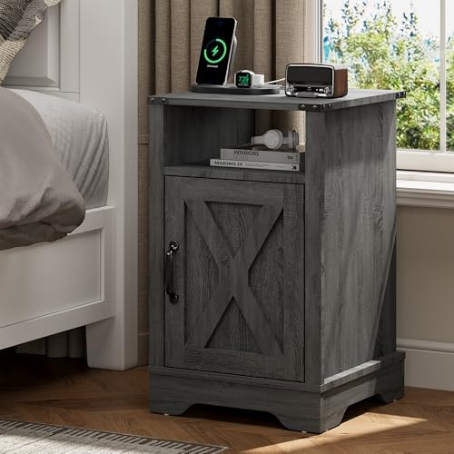 SUNVIVI Bedside Table with Charging Station, 2 AC Outlets & 2 USB Ports, Farmhouse Side Table with X-Design Storage Shelf, Nightstand with Barn Door Elements for Bedroom, Living Room, Dark Grey