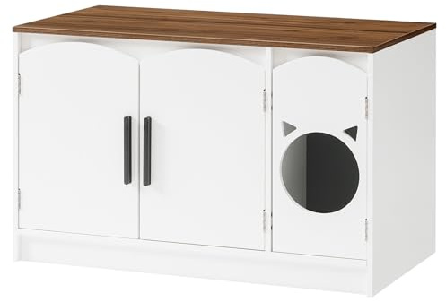 HOOBRO Meuble Litière pour Chat, Maison de Toilette pour Chat, Niche, Meuble Paravent Moderne en Bois d'Ingénierie pour Litière, avec 2 Portes, Blanc et Noyer EWH51MW01