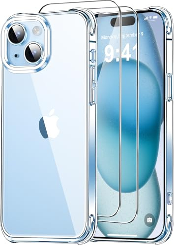 ivencase 3 in 1 Clear Case for iPhone 15 6.1-Inch with 2 Pack Tempered Glass Screen Protector, Slim Soft TPU Silicone Non-Yellowing Shockproof Anti-Scratch Phone Bumper Cover for iPhone 15 - Clear