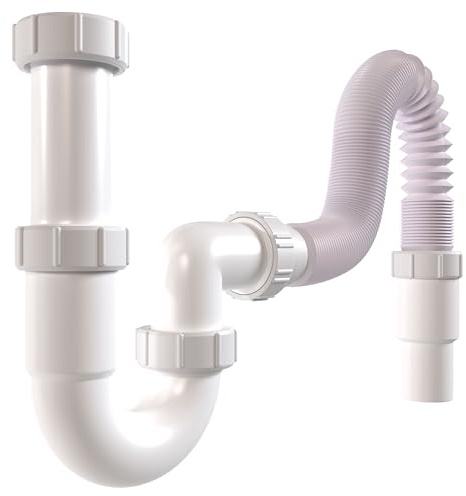 Poppstar Sifone per lavandino/lavello da cucina flessibile 1 1/2 x 40-50mm (a forma di U, tubo di scarico 320-880mm), bianco