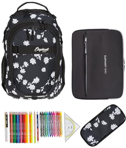 Elephant Schulrucksack Hero 4 Teile Set 12842 Black Flower +rmlv | Schulrucksackset Rucksack Schulmappe Laptopsleeve Mäppchen Box 31 Teile Stifte