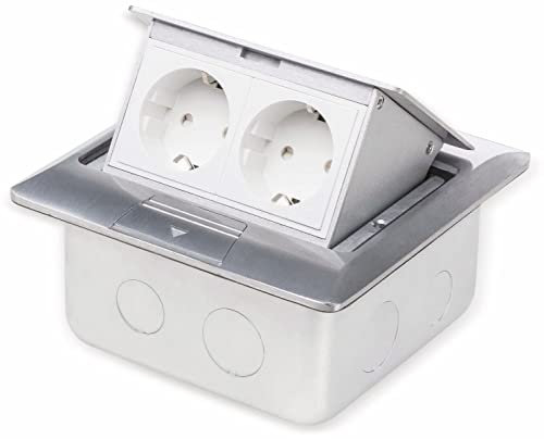 LEDmaxx ALU1X2S A, Einbaudose 2-fach Schuko Steckdose Edelstahl für Boden und Wand versenkbar, 2000, 14.6 x 12 x 6.5 cm