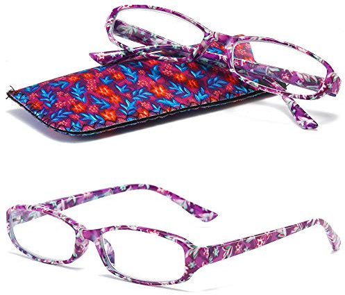 VEVESMUNDO Lesebrille Damen Modern Federscharnier Blumen Lesehilfe Sehhilfe Brille Leicht Vintage mit Brillentasche(Lila&rot Blumen, 3.5)