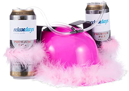 Relaxdays 4X Cappello Porta Bibite Fucsia, Elmetto con Cannuccia, 2 Lattine di Birra, per Feste a Tema, con Piume Rosa