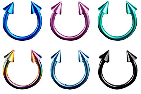 Piersando Piercing Hufeisen Septum Ring 6er Set mit Spikes Titan Lippen Nasen Lippe Ohr Tragus Helix Intim Augenbraue Horseshoe 1,6mm x 10mm x 4mm
