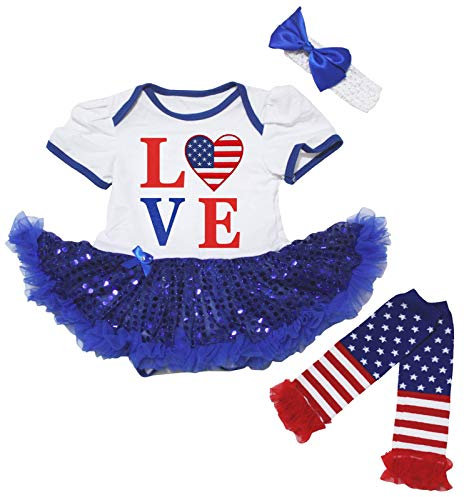 Petitebelle Love USA Herz-Body mit blauen Pailletten und Beinstulpen Nb-18 m Gr. 6-12 Monate, weiß