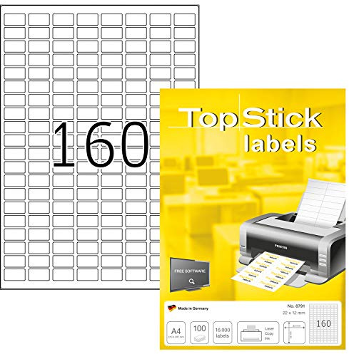 TopStick 8791 Universal Etiketten, 100 Blatt, 22 x 12 mm, 160 pro A4 Bogen, 16000 Stück, selbstklebend, bedruckbar, matt, blanko Papier Klebeetiketten Aufkleber, weiß