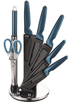 Michelino 8-teiliges Edelstahl Messer-Set mit Acryl-Ständer Kochmesser Brotmesser Fleischmesser Universalmesser Schälmesser Wetzstahl Schere (Petrol)