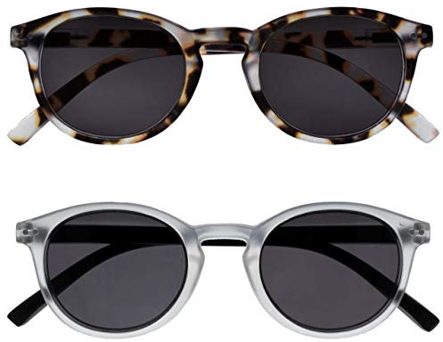 OPULIZE Zen Reading Sunglasses 2 Pack Small Lightweight Round Frame Spring Hinges Scratch Resistant Tinted Lens UV400 Protection Matt Light Brown Ice Crystal Mens Womens SS24-1TC +3.00