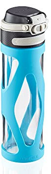 Leifheit Flip Gourde réutilisable (600 ml), bouteille en verre 100 % étanche, bouteille infusion avec filtre & protection silicone, bleu océan