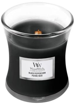 Woodwick: Mini Jar Black Peppercorn, kleines Sanduhrglas mit Holzdocht zum Knistern, Duft: Black Peppercorn