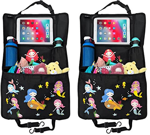 HECKBO 2x Kinder Autositz Rückenlehnenschutz Organizer mit verstellbarer Tablet Tasche, Aufbewahrung für Zubehör – Meerjungfrau
