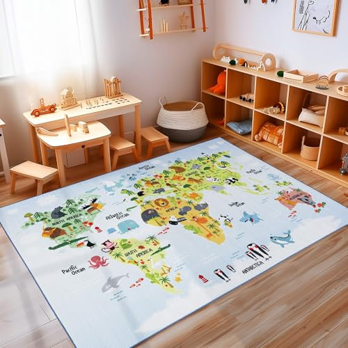Carpettex Kinderteppich rutschfest | Weltkarte mit Tieren Design 80 x 120 cm | Kein Abwurf | Kurzflor und Waschbarer Spielteppich für Kinderzimmer für Mädchen und Jungen | Blau Meer, Pinguin, Wal