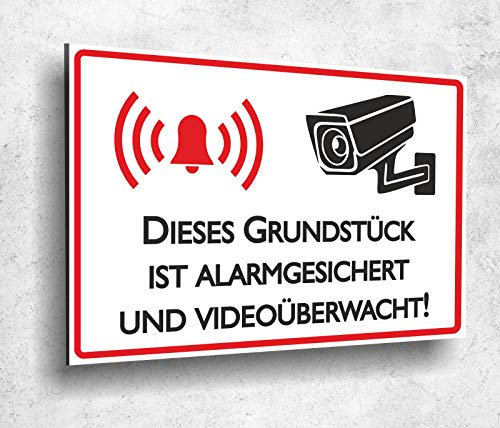 Aluverbund Schild Grundstück alarmgesichert und videoüberwacht UV Druck 20 x 30cm - 3mm Aluverbund - Made in Germany - Art.Nr. 1028
