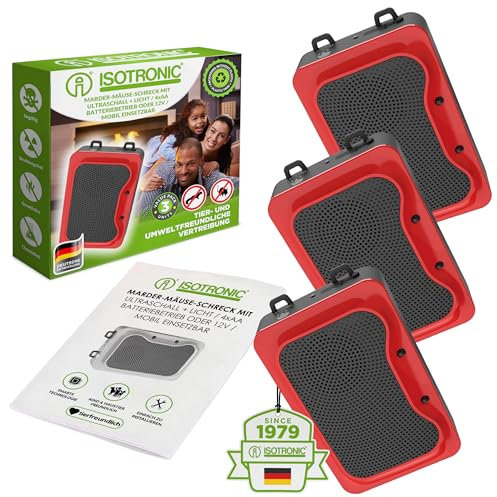 ISOTRONIC Marderschreck Blitz mit Licht LED Blitzlichtfunktion und Ultraschall | für Haus, Garage und Dachboden | vertreibt Marder, Mäuse, Ratten Siebenschläfer - 3 Stück