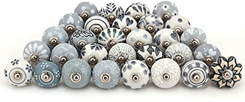 Indian Haat Bazaar Assorted Cabinet Knobs - Grey & White Cream Mix Designed Rare Hand Painted Ceramic Drawer Pulls Door Handle Home Decor Hardware Pack of 6 Pcs, D 1.7 x L 2.5 Inches (DKB00004-P6)