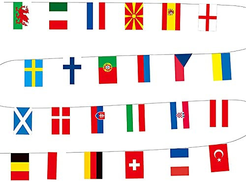 Wimpelkette für europäische Fußballmeisterschaft, EURO 2021 2020, 24 Teilnehmer Teamländer zum Aufhängen an der Decke, Veranda, Baum, Garten, Bar, Kneipe, Club, Party, Dekoration, Girlande, Turnier