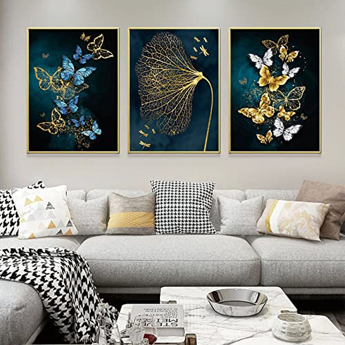 EXQULEG 3er Set Design-Poster Wandbilder,Goldene Schmetterling Blätter Poster Set,Bilder Set Ohne Rahmen,Wanddeko für Wohnzimmer Schlafzimmer (30x40cm)