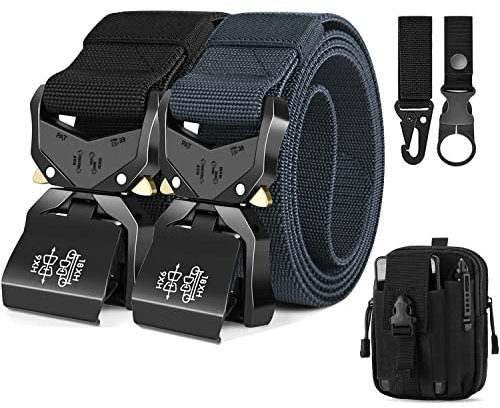 Leskyair 2PCS Men Tactical Belt, Military Work Belt Rigger 1.5 Nylon with Heavy Duty Quick Release Metal Buckle, Gift with Molle Pouch, Hook and Bottle Clip