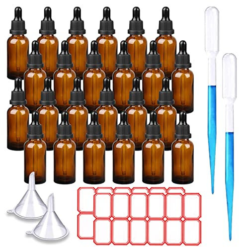 TUAKIMCE 24 x 30ml Amber Glass Dropper Bottles, Amber Brown Glass Dropper Bottles with Dropper Pipettes, Small Sample Glass Bottles Refillable for Essential oil Diffuser, Beauty Oil Mix