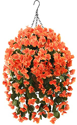 INQCMY Künstliche Hängeblumen im Korb für Herbst und Außenbereich, Kunstseide, orangefarbene Begonie im Übertopf, UV-beständig, realistisch, für Zuhause, Veranda, Garten, Terrasse, Hof, Dekoration