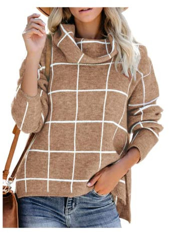 HEYPORK Damen Herbst Winter Warm Bequem Pullover Casual Mode Strickjacke Strickpullover Frauen Karierter Pullover Rollkragenpullover Karierter Strickpullover(Khaki, L)