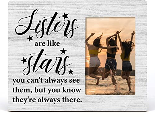 Nurawo Holz-Bilderrahmen mit Aufschrift Sisters are like stars, rustikaler Holz-Bilderrahmen für Tisch- oder Wandaufsteller (für 10 x 15 cm große Fotos), Geschenk für Schwester