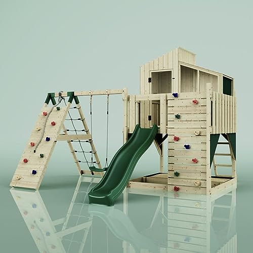 Rebo Outdoor Spielturm mit Wellenrutsche | Spielhaus aus Holz mit Kinderschaukel, Kletterwand, Kletternetz | Stabile Konstruktion, Weiches Gefühl in den Seilen