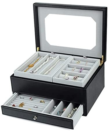 Schmuckkoffer Schmuckkästchen PU-Leder-Schmuck-Organizer Mit Spiegel Und 3 Abnehmbaren Rollen, Schmuckkästchen Im Rhombus-Design Für Frauen Und Mädchen. Schmuckaufbewahrung Schmuckkasten (Blue : Bron