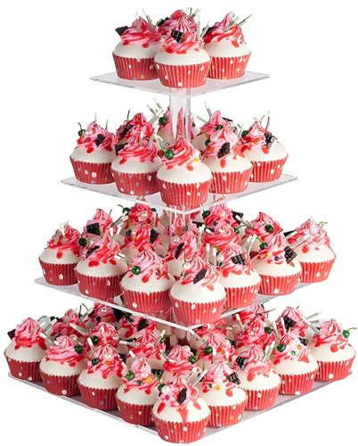 4 Tier Square Cupcake Stand, Wedding Large Acrylic Cake Clear Dessert Display Stand, Afternoon Tea Stands Dessert Stand Tower for Wedding, Birthday, Theme Party, Bar Parties Décor (Max-12In)