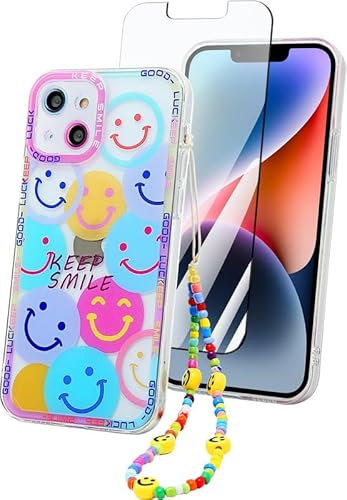 ZhuoFan Transparent Coque pour iPhone iPhone 14 Plus 6.7'' avec Chaine Bracelet + Verre Trempé, Collier Motif Femme Fille Antichoc Souple TPU Anti-Rayures Étui Cordon, Silicone Corde Housse, Smile