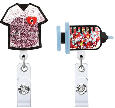 TIESIWANG Lot de 2 porte-badges rétractables à paillettes avec clip d'identification pour infirmières, médecins, bureau, travailleurs sociaux, pince crocodile