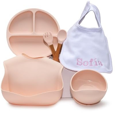 BebeDeParis | Regalo Ecológico Personalizado para Bebé, Set de Regalos para Niño/Niña, Vajilla de Silicona + Accesorios Personalizados (Rosa, Vajilla + Babero)