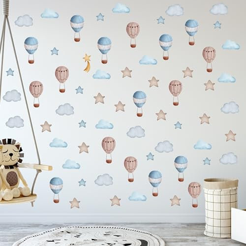 GRAZDesign Wandtattoo Kinderzimmer Junge - Heißluftballons mit Wolken, Sterne Set - beliebig platzierbar Wandaufkleber für Jungen und Mädchen 57x57cm