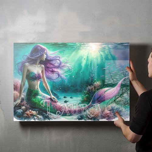 timalo® Gaming Acryl-Wandbild personalisiertes Gamer Bild mit Namen aus Acrylglas - Glasbild gaming room für die Wand Jugendzimmer Acrylglasbild Acrylbild Glas | 120x60cm Meerjungfrau Aquarell