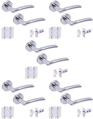 HANDLEZONE® 5 Sets Columba Premium Internal Door Handles on Rose Lever Latch Packs with 75mm Ball Bearing Hinges and 65mm Latches - Dual Polished/Satin Chrome