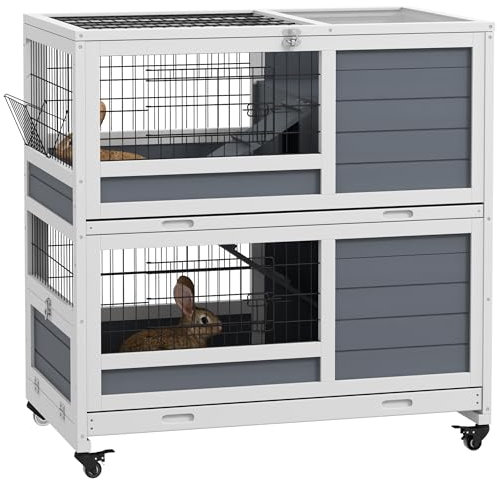 PawHut Rabbit Hutch Guinea Pig Hutch Indoor Wooden Small Animal House with Wheels, Openable Top, No-Leak Plastic Trays - Grey