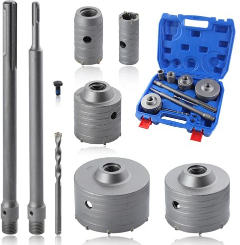 SPEEDWOX 9Pcs SDS Plus Concrete Hole Saw Kits Masonry Hole Saw Sets & Kits SDS Bits Carbide Hole Saw 30 40 65 80 100 mm with 2 Drill Bits and SDS Plus & Max Shank Rod for Brick Cement Stone Concrete