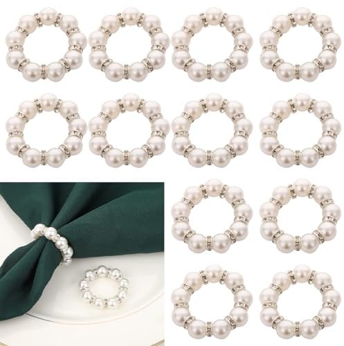 12 Stück Serviettenringe, Perlen Serviettenringe, Silber Servietten Schnalle mit Perlen, Vintage Tischdeko, für Hochzeit Party Abendessen Jubiläum Tischdekoration