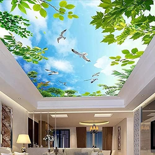 Blauer Himmel, Weiße Wolken Und Grüne Blätter Deckentapete Wohnzimmer Schlafzimmer Decke Dekoratives Wandbild Tapeten Wohnkultur Fototapete 3D Effekt Wohnzimmer Schlafzimmer Kinderzimmer-150cm×105cm