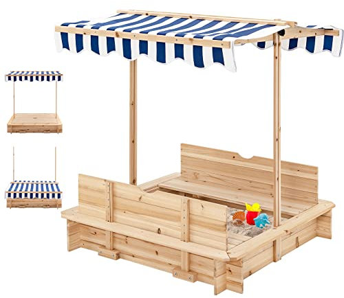RajoNN Wooden Kids Sand Pit with Lid, Convertible Seat Benches and Height-Adjustable Canopy, Children Sandbox for Outdoor Play