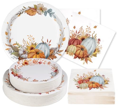 Grencian 200 piatti di carta autunnali e tovaglioli per feste, set di stoviglie usa e getta da 350 g/m², decorazioni per il Ringraziamento, per tema raccolto autunnale, 50 pezzi