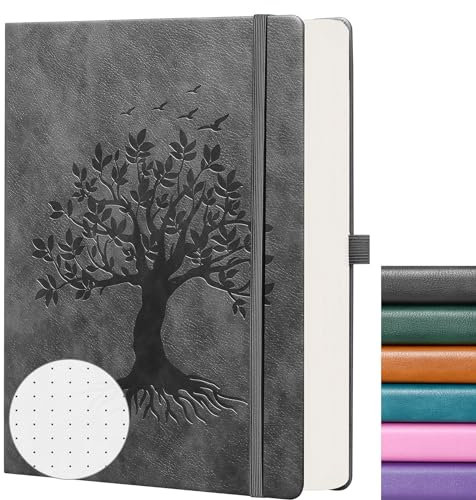 ZXHQ A5 Bullet Dotted Journal Gepunktet Notizbuch: 150gsm Dickes Papier, 256 Seiten, Punktraster-Hardcover, Lebensbaum-Design, feine Innentasche - 15 × 21cm Dunkelgrau