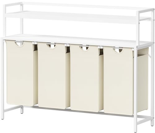 Lifewit Wäschekorb mit 4 Fächern,168 l, ausziehbarer Wäschekorb-Organizer mit großer Oberseite, 2 Ablagen und 4 abnehmbaren Taschen und Griffen für Waschküche, Schlafzimmer, Badezimmer, Wohnheim, Weiß