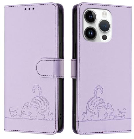 ScandiCasis für iPhone 16 Pro Max Klapphülle, Katzenmuster Lederhülle mit [3*Kartenfach] [1*Wallet] [RFID] [Handschlaufe] [Standfunktion], Magnet Klappbar Stoßfeste Handyhülle, Lila