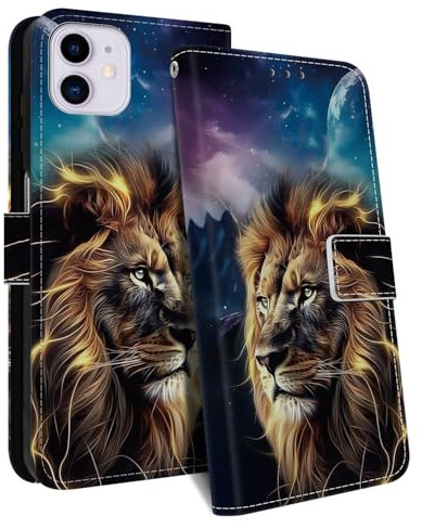 HopMore iPhone 11 Case, PU Leather Flip Wallet Case with Kickstand, Magnetic Closure, Animal Print, D Lion